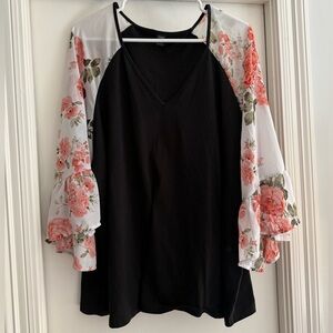 SHEIN Women’s plus size 4X chiffon Floral 3/4 Sleeves Black shirt V-neck blouse